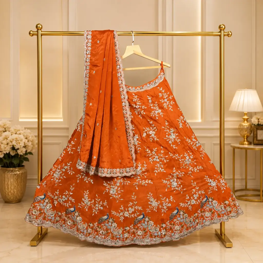 Women's Burnt Orange Lehenga Choli with Silver Floral Embroidery & Matching Dupatta