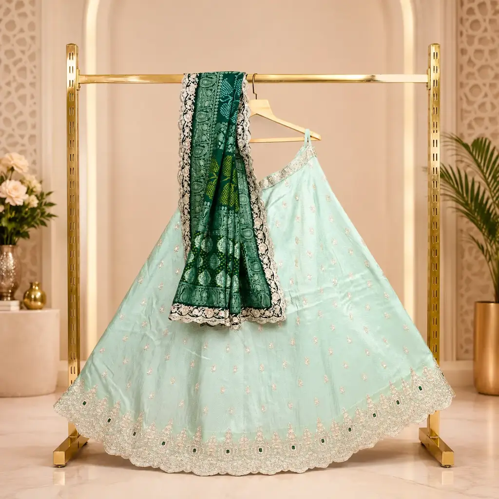 Women's Mint Green Lehenga Choli with Gold Embroidery and Dark Green Dupatta