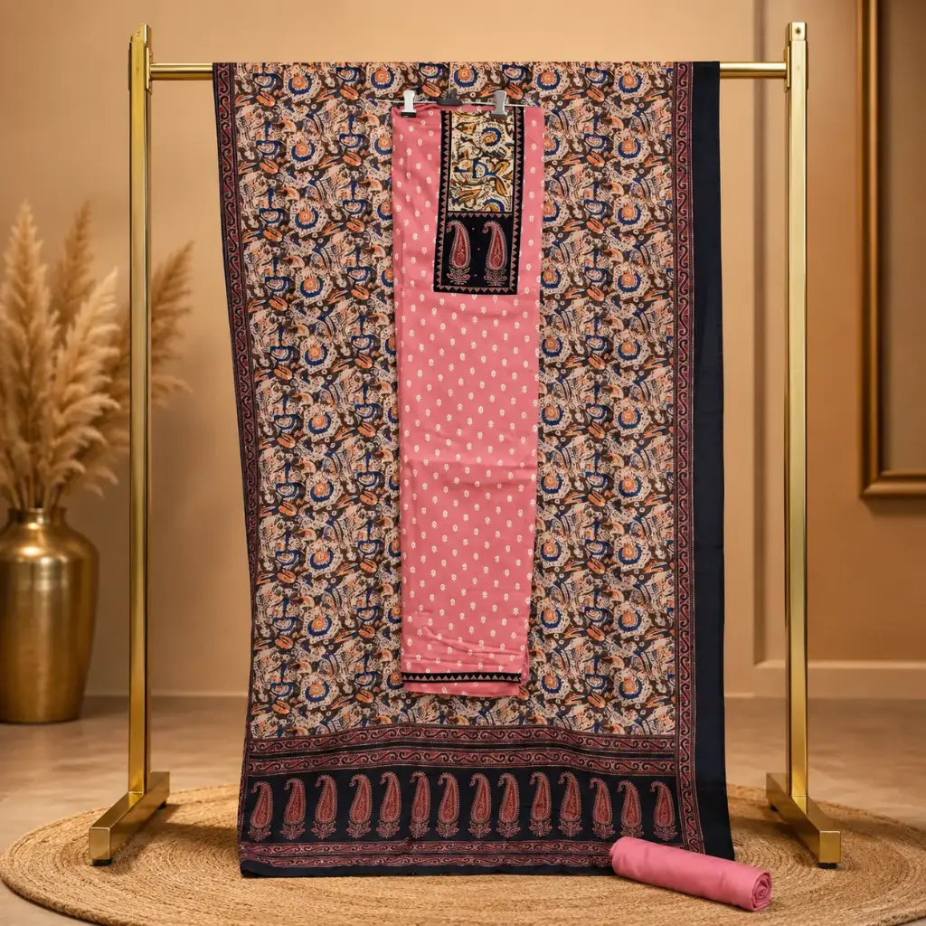 Women’s Pink & Black Floral Printed Unstitched Dress Material Set with Paisley Border and Dupatta 