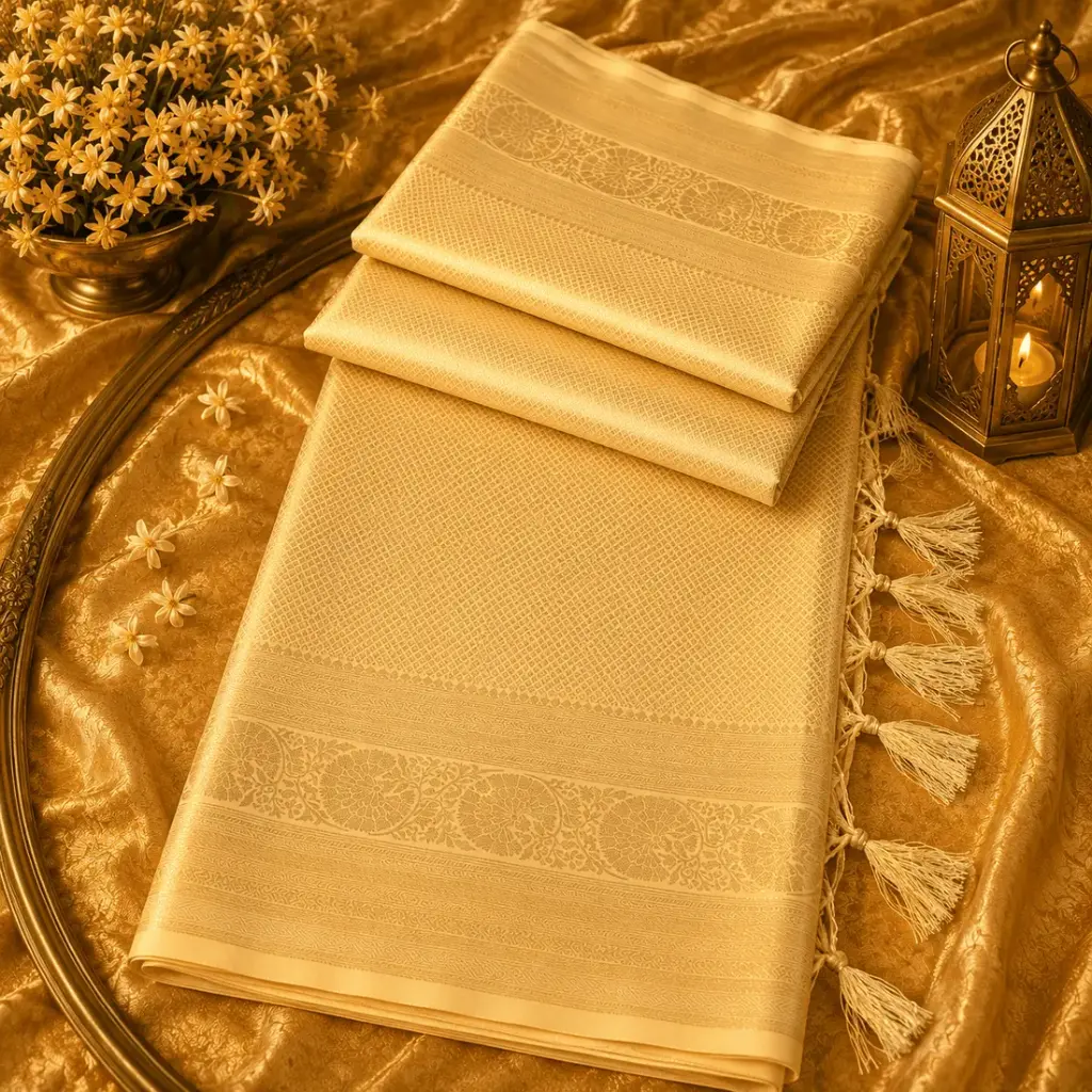 Elegant Golden Banarasi Silk Saree with Rich Jacquard Weave