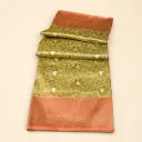 Olive Gold Banarasi Style Saree with Peach Zari Border Festive Wedding Party Wear Women Ethnic Looks 