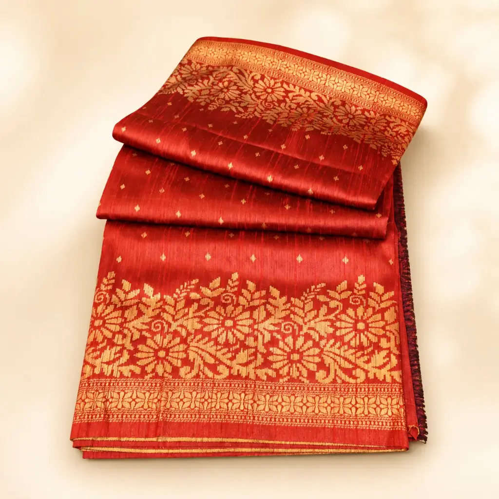 Rust Red Banarasi Style Saree with Gold Floral Zari Border