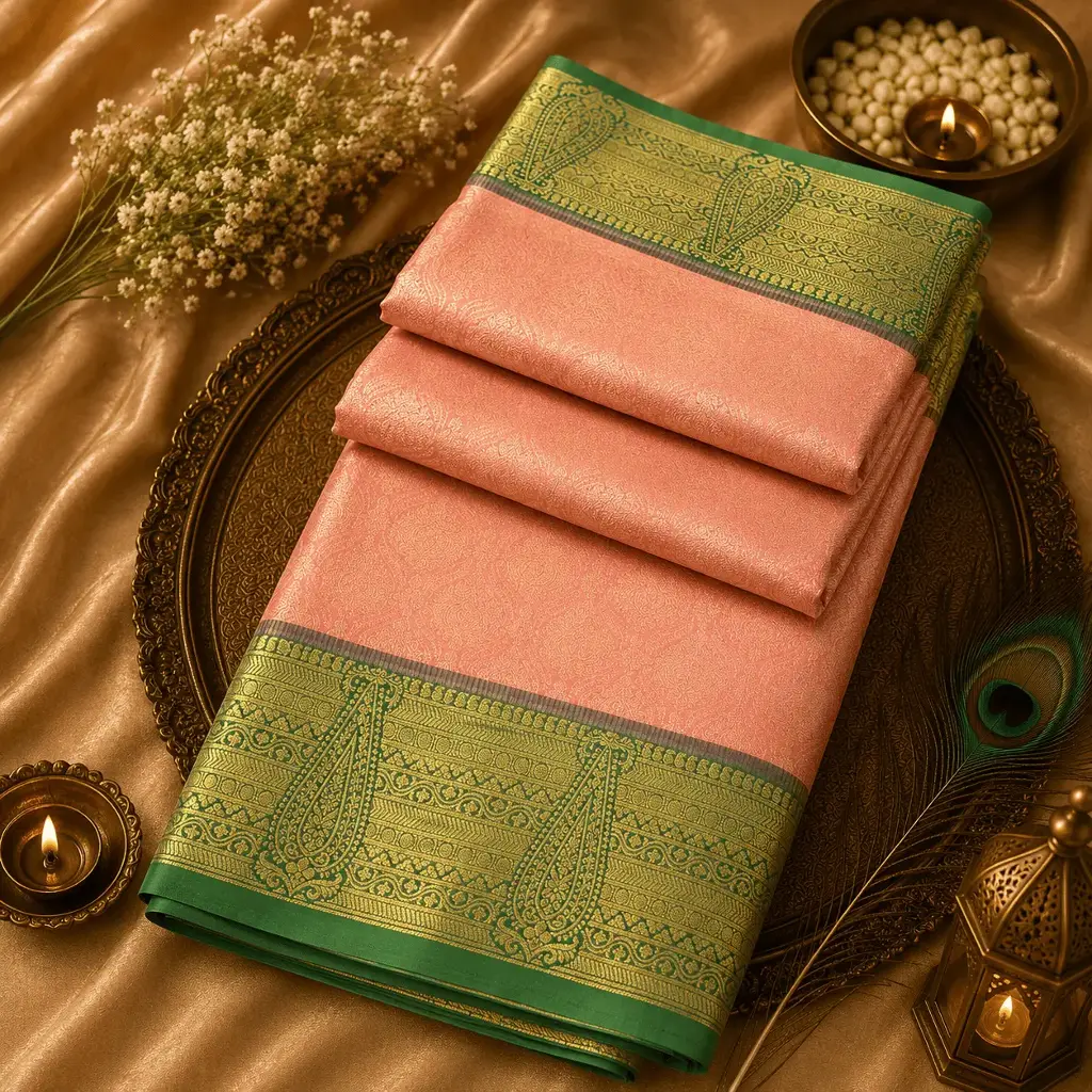 Baby Pink Banarasi Silk Saree with Green Zari Border & Elegant Woven Design