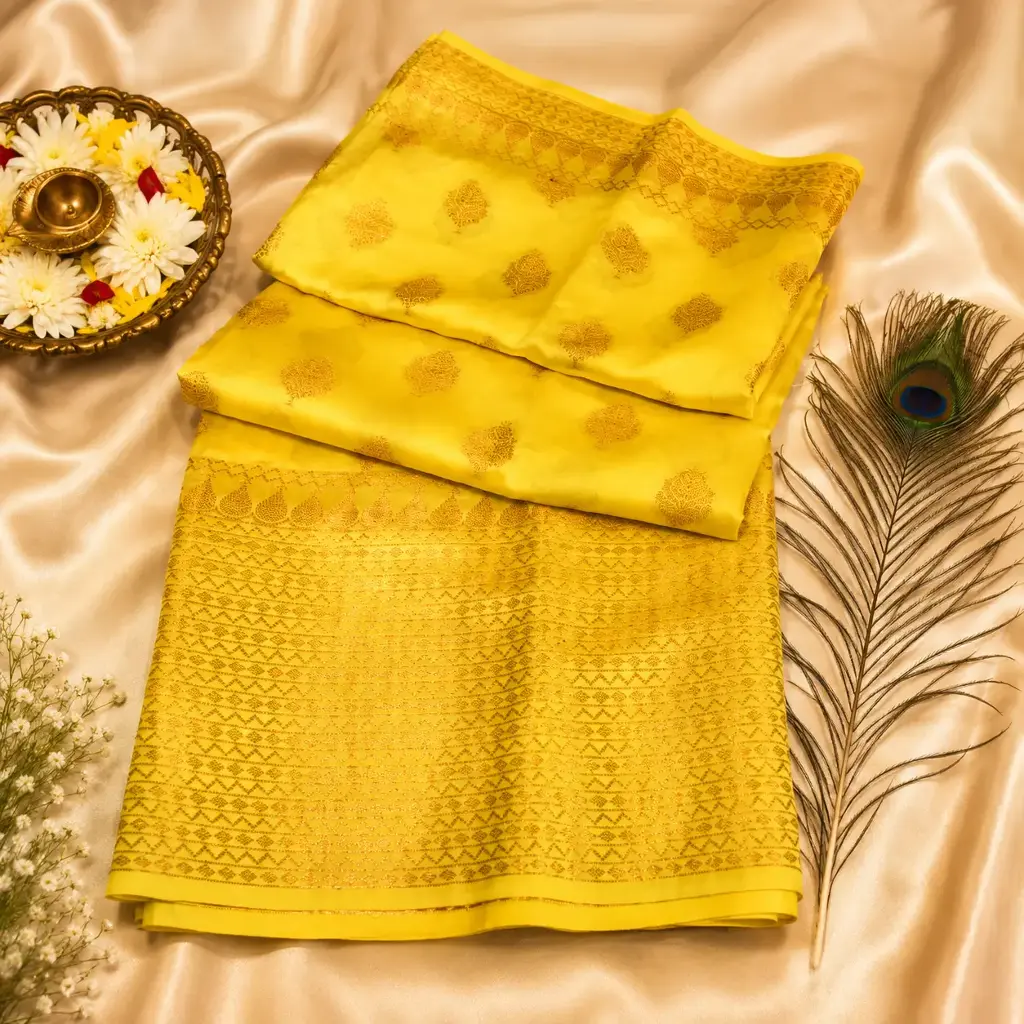 Elegant Lemon Yellow Soft Silk Saree with Gold Zari Buta & Rich Woven Border