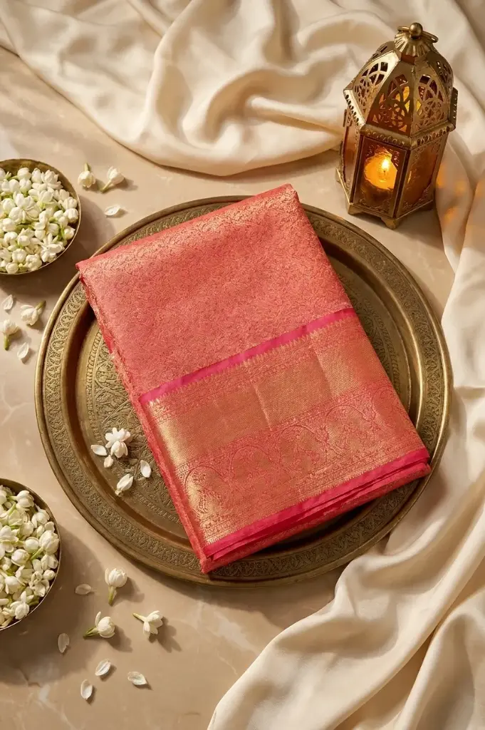 Coral Red Pure Kanchipuram Silk Saree in Gold Zari