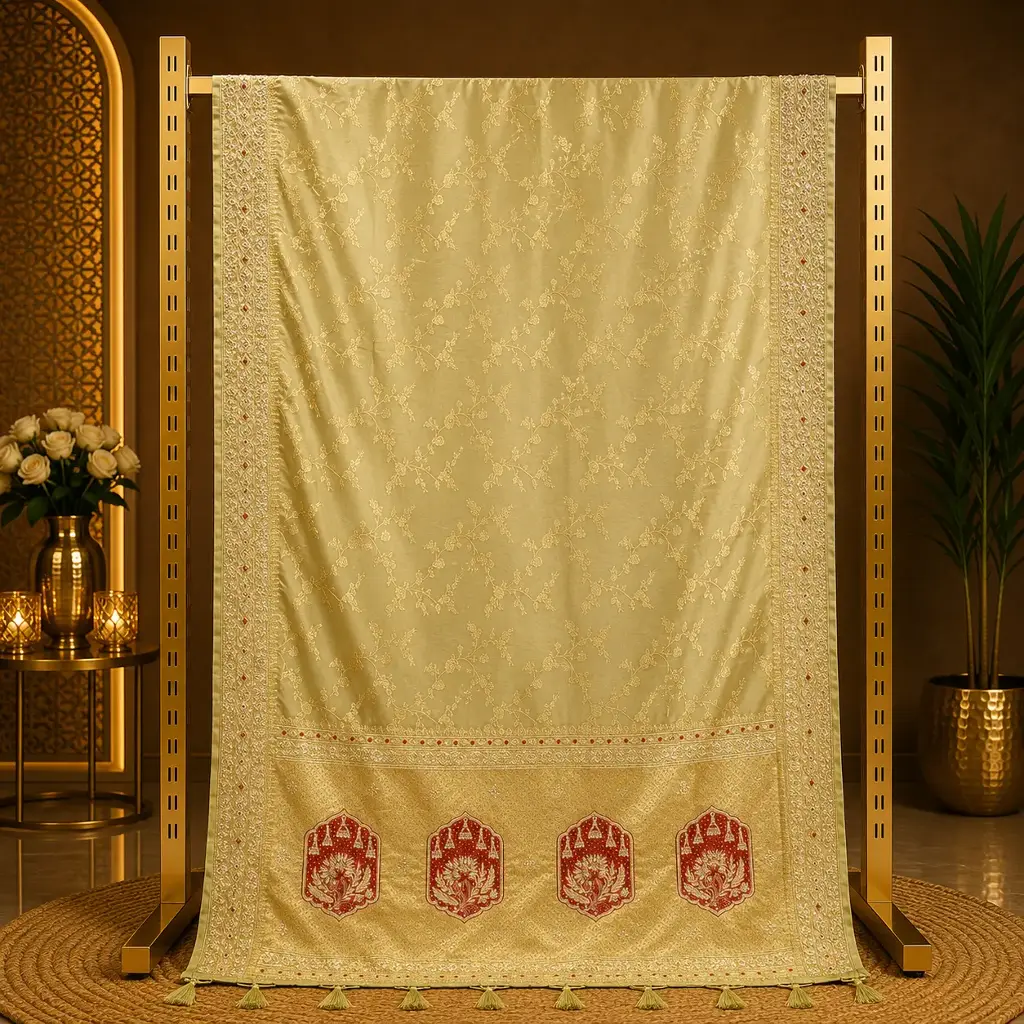 Olive Green Saree with Gold Floral Weave, Red Motifs and Tasselled Border