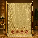 Olive Green Saree with Gold Floral Weave, Red Motifs and Tasselled Border