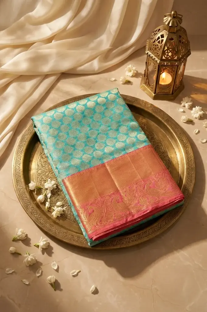 Sea Green Pure Kanchipuram Silk Saree with Coral Border