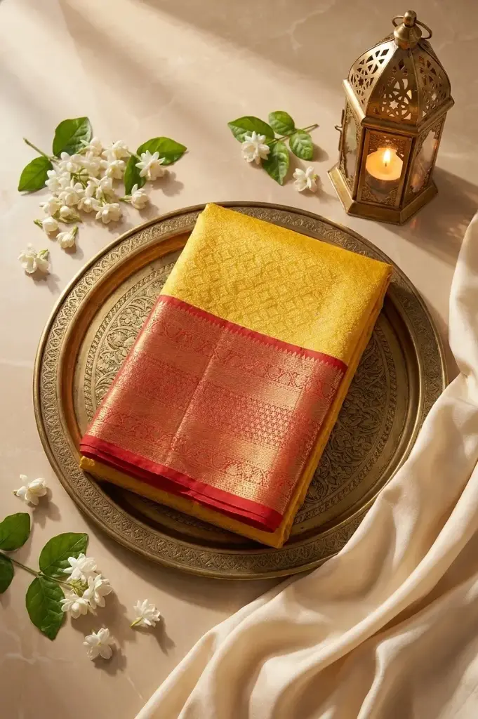 Mustard Yellow Pure Silk Kanjivaram Saree with Red Border