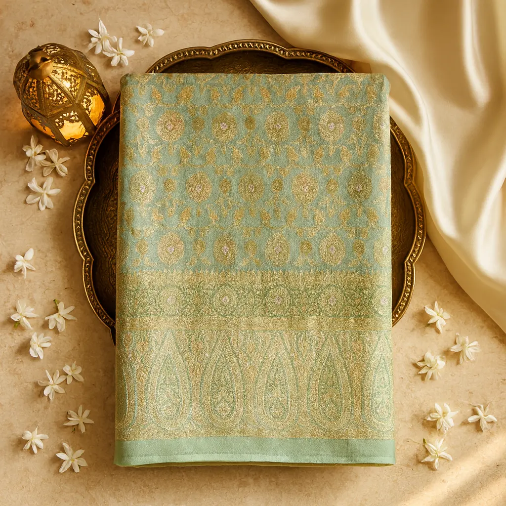 Elegant Mint Green Silk Banarasi Saree with Intricate Zari Weave