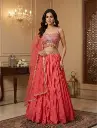 Coral Pink Mirror Work Crop Top Lehenga Choli Set