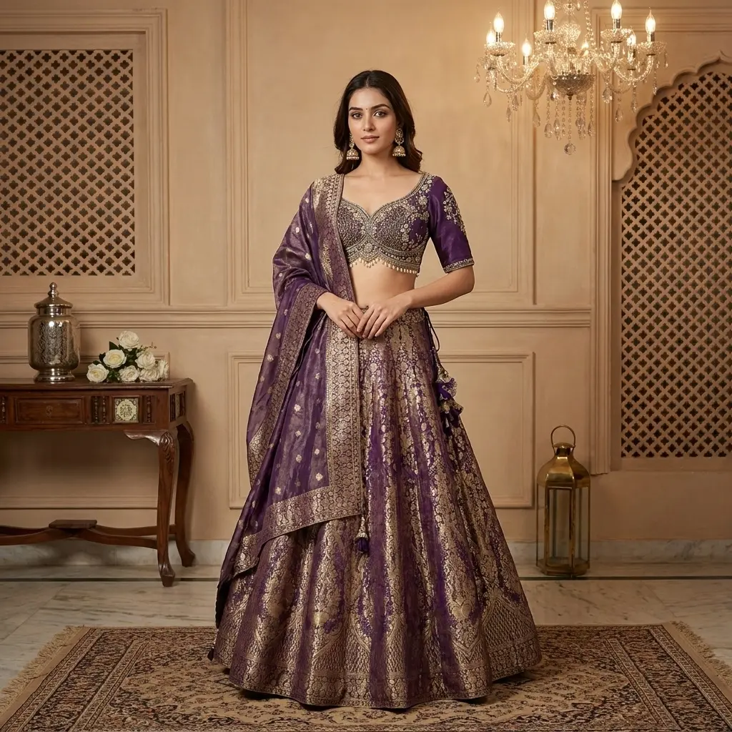 Royal Purple Banarasi Silk Embroidered Lehenga Choli Set