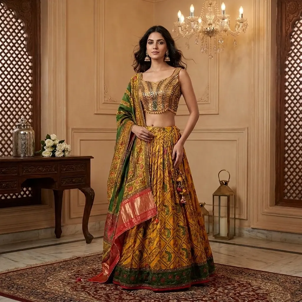 Mustard Yellow Silk Mirror Work Flared Lehenga Choli Set