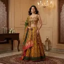 Mustard Yellow Silk Mirror Work Flared Lehenga Choli Set