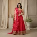 Vibrant Red Embroidered Crop Top Skirt Set with Ruffle Dupatta