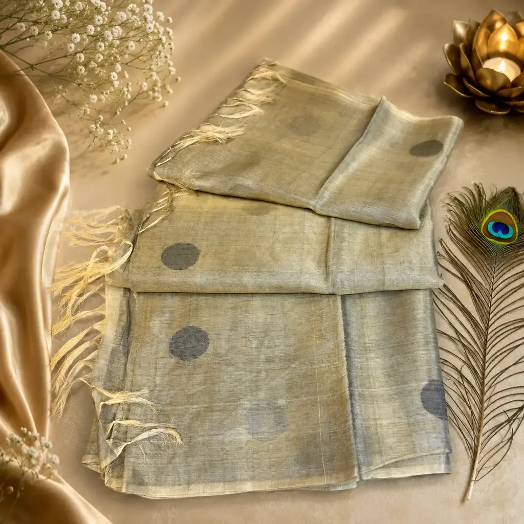 Elegant Grey Linen Cotton Saree with Woven Polka Dot Design & Tassel Pallu