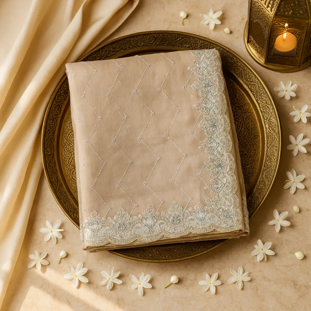 Elegant Beige Sequined Designer Saree with Intricate Border