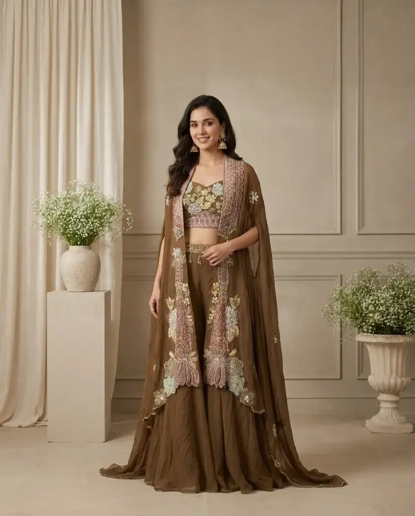 Olive Green Embroidered Crop Top Sharara Set with Cape