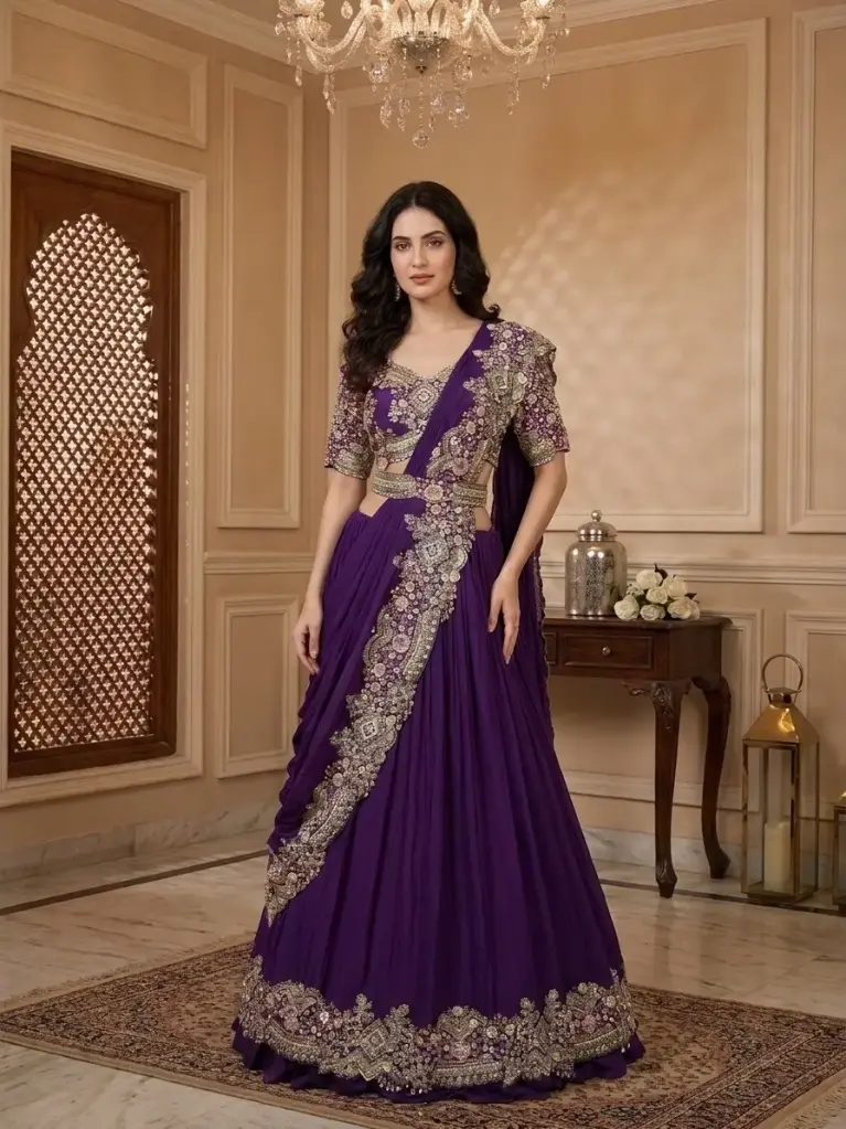 Royal Purple Embroidered Draped Lehenga Saree Set with Belt