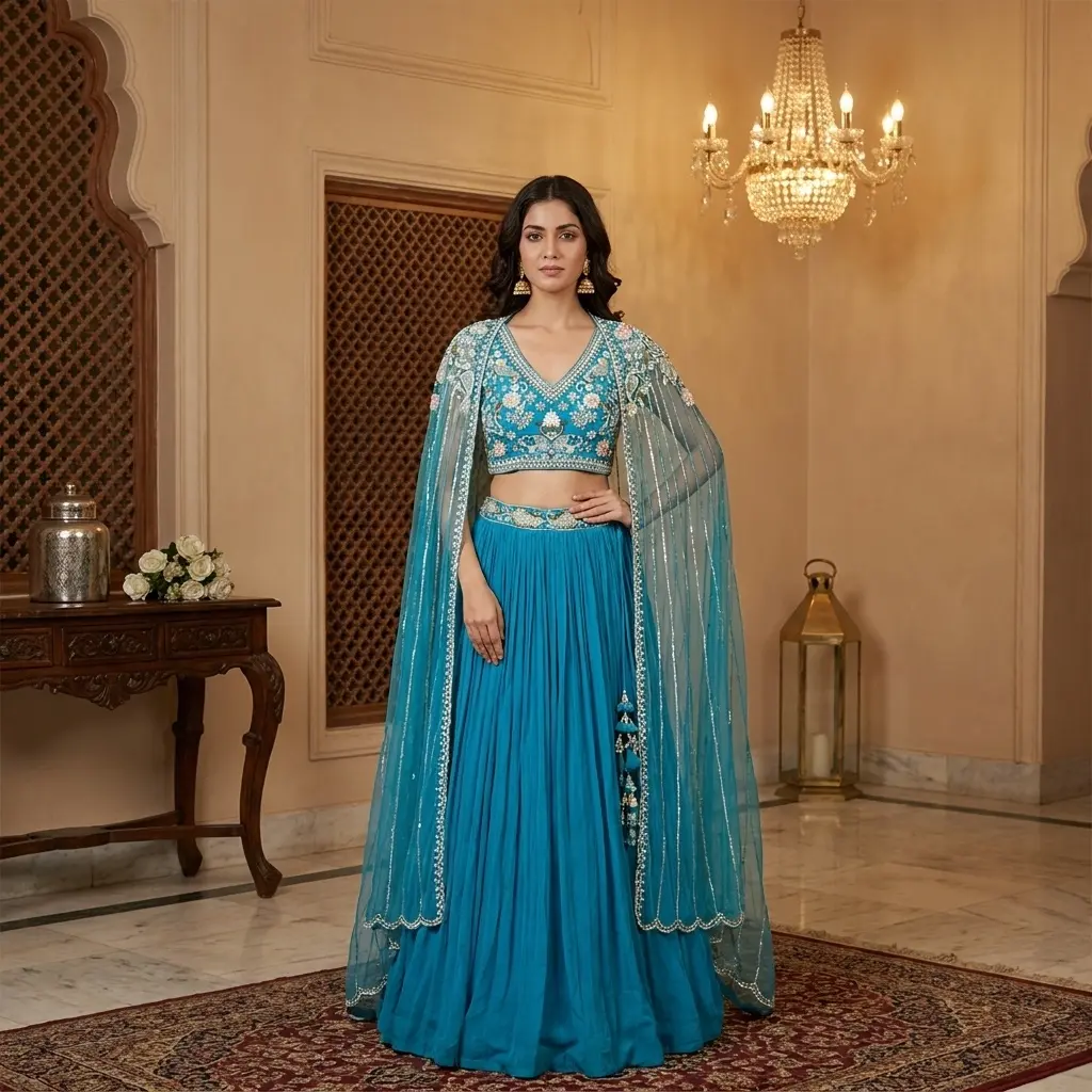 Peacock Blue Georgette Lehenga Set with Embroidered Cape