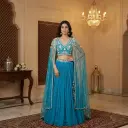 Peacock Blue Georgette Lehenga Set with Embroidered Cape