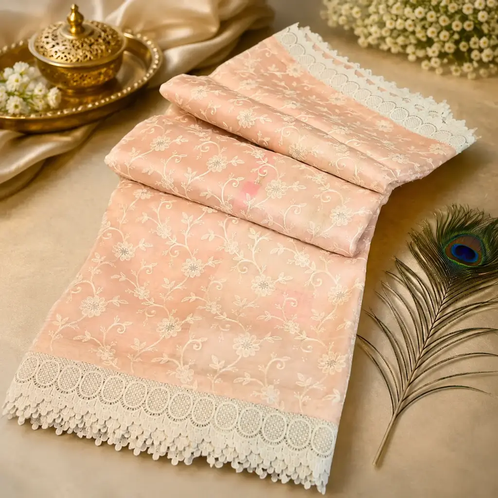 Elegant Peach Organza Embroidered Saree with Floral Lace Border