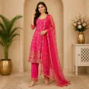 Women's Hot Pink Embroidered Straight Kurta Pant Set with Net Dupatta