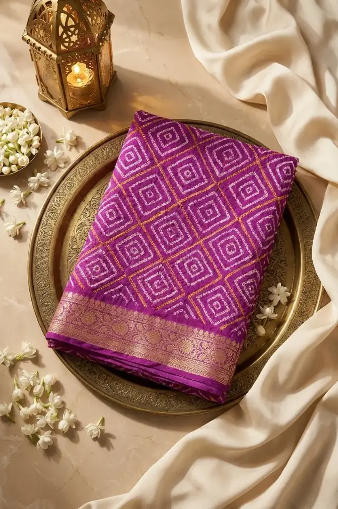 Magenta Purple Bandhani Pure Georgette Banarasi Saree