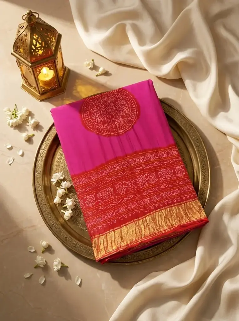 Rani Pink and Red Pure Gaji Silk Rai Bandhej Saree