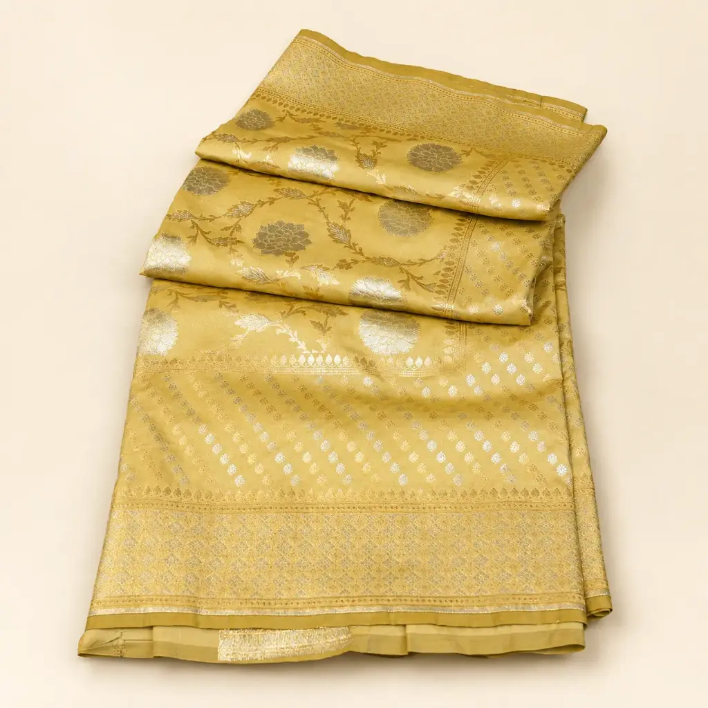 Mustard Gold Banarasi Style Saree with Silver Floral Zari Weave