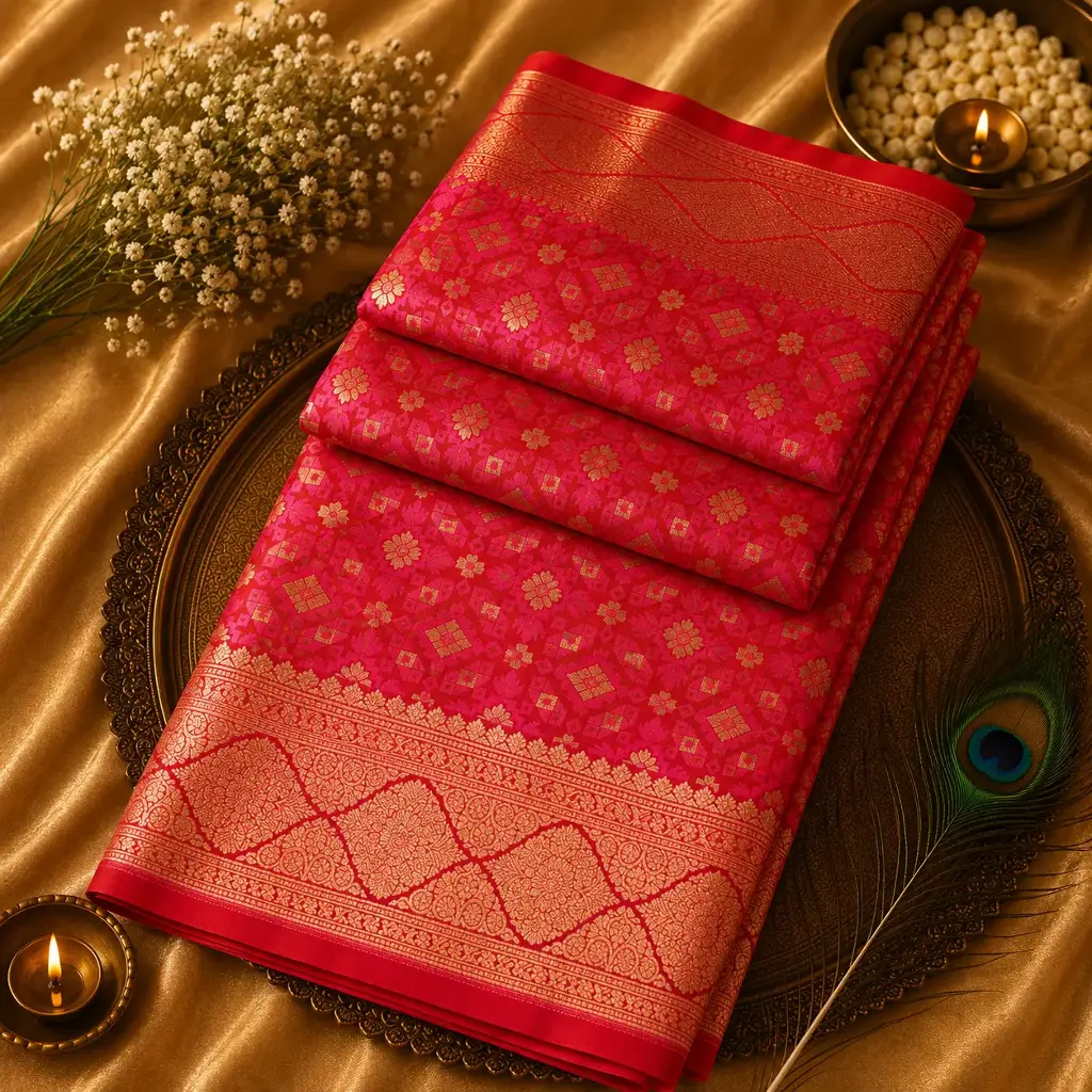 Hot Pink Banarasi Silk Saree with Gold Zari Floral Weaving & Rich Border