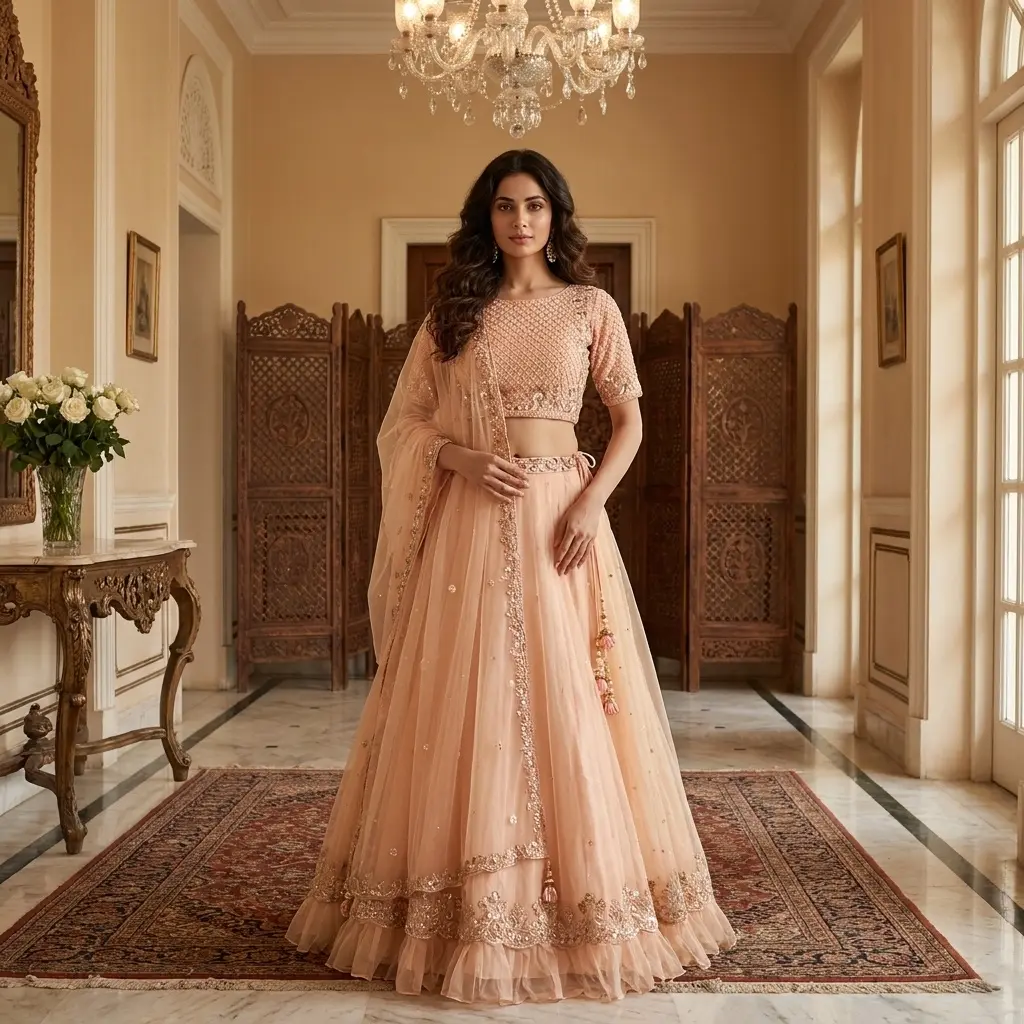 Blush Peach Net Flared Lehenga Choli with Embroidered Blouse 