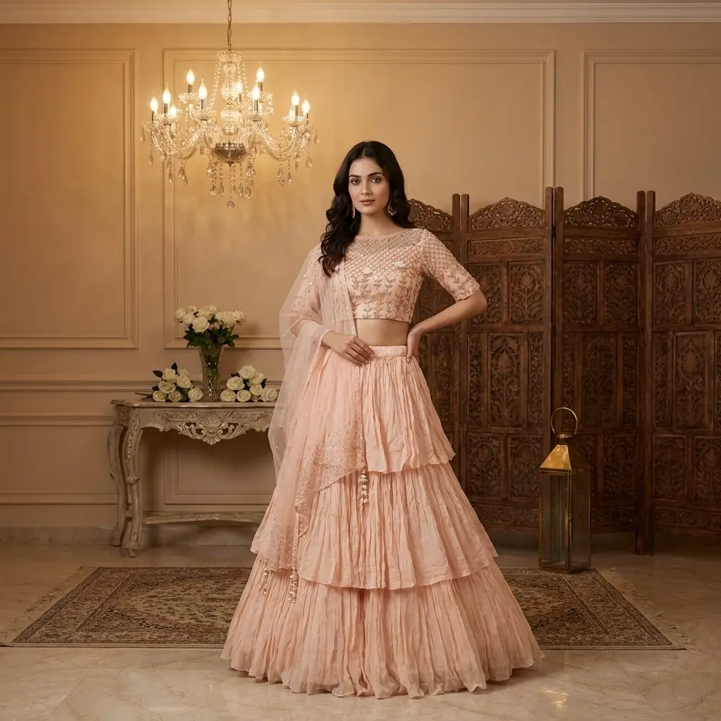 Peach Tiered Georgette Lehenga Set with Cutdana Embroidered Choli