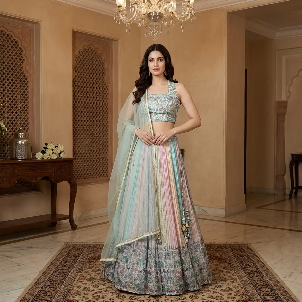 Pastel Multicolor Pleated Lehenga Set with Embroidered Crop Top