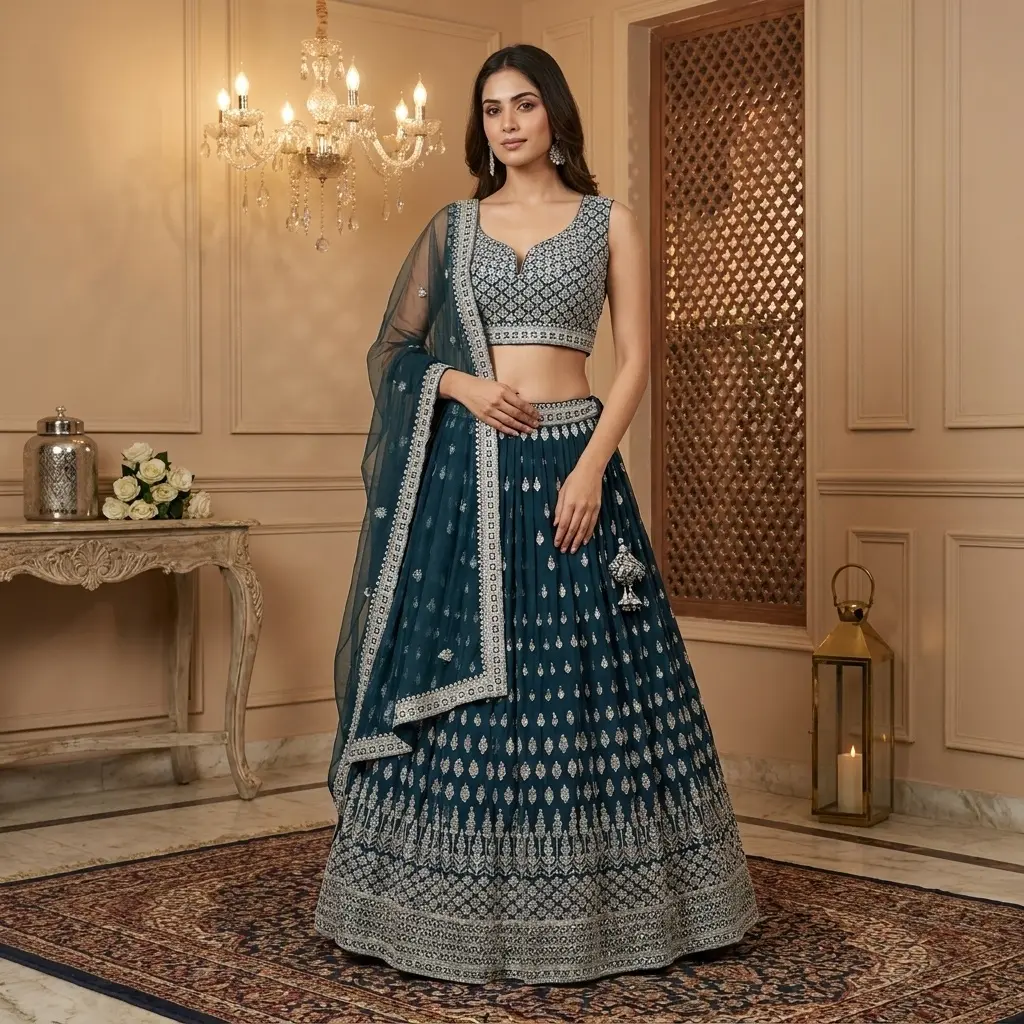 Teal Blue Embroidered Georgette Lehenga Choli Set with Dupatta