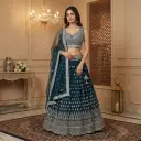 Teal Blue Embroidered Georgette Lehenga Choli Set with Dupatta