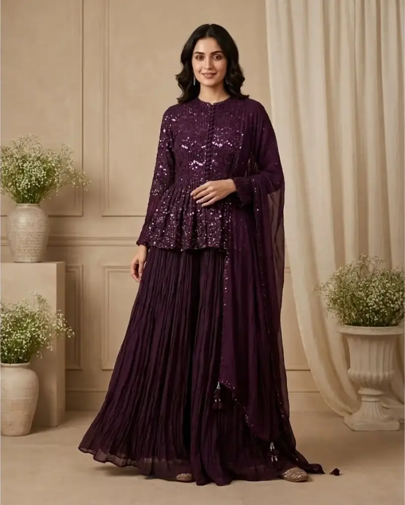 Deep Wine Sequin Embroidered Peplum Top with Flared Skirt Set
