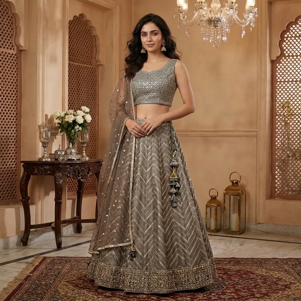 Slate Grey Mirror Work Silk Lehenga Choli with Dupatta