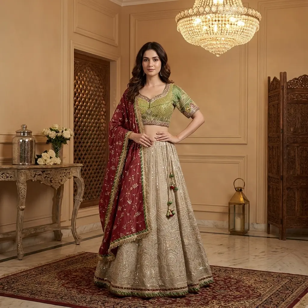 Embroidered Silk Choli and Sequined Champagne Lehenga Set