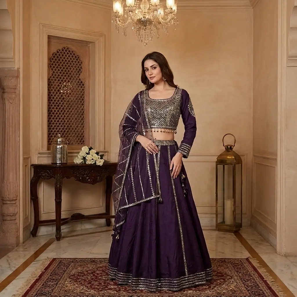 Royal Purple Embroidered Art Silk Lehenga Choli Set