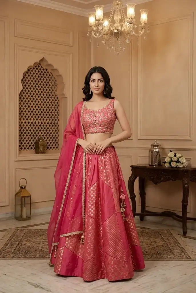 Rani Pink Embroidered Silk Lehenga Choli Set