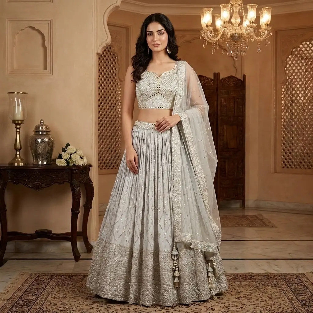 Ivory Silver Georgette Sequin Embroidered Flared Lehenga Set