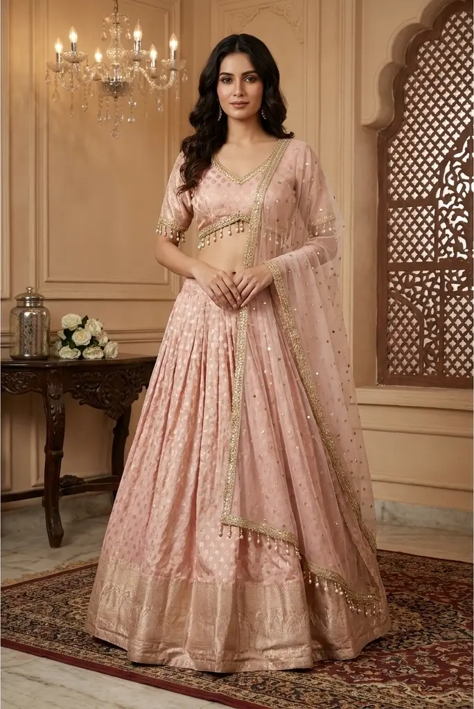 Blush Pink Brocade Silk Lehenga Choli Set with Pearls