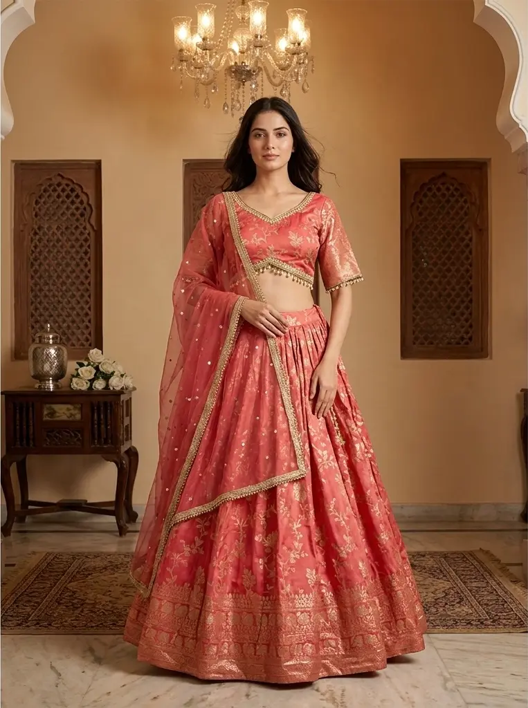 Coral Pink Banarasi Silk Brocade Lehenga Choli Set