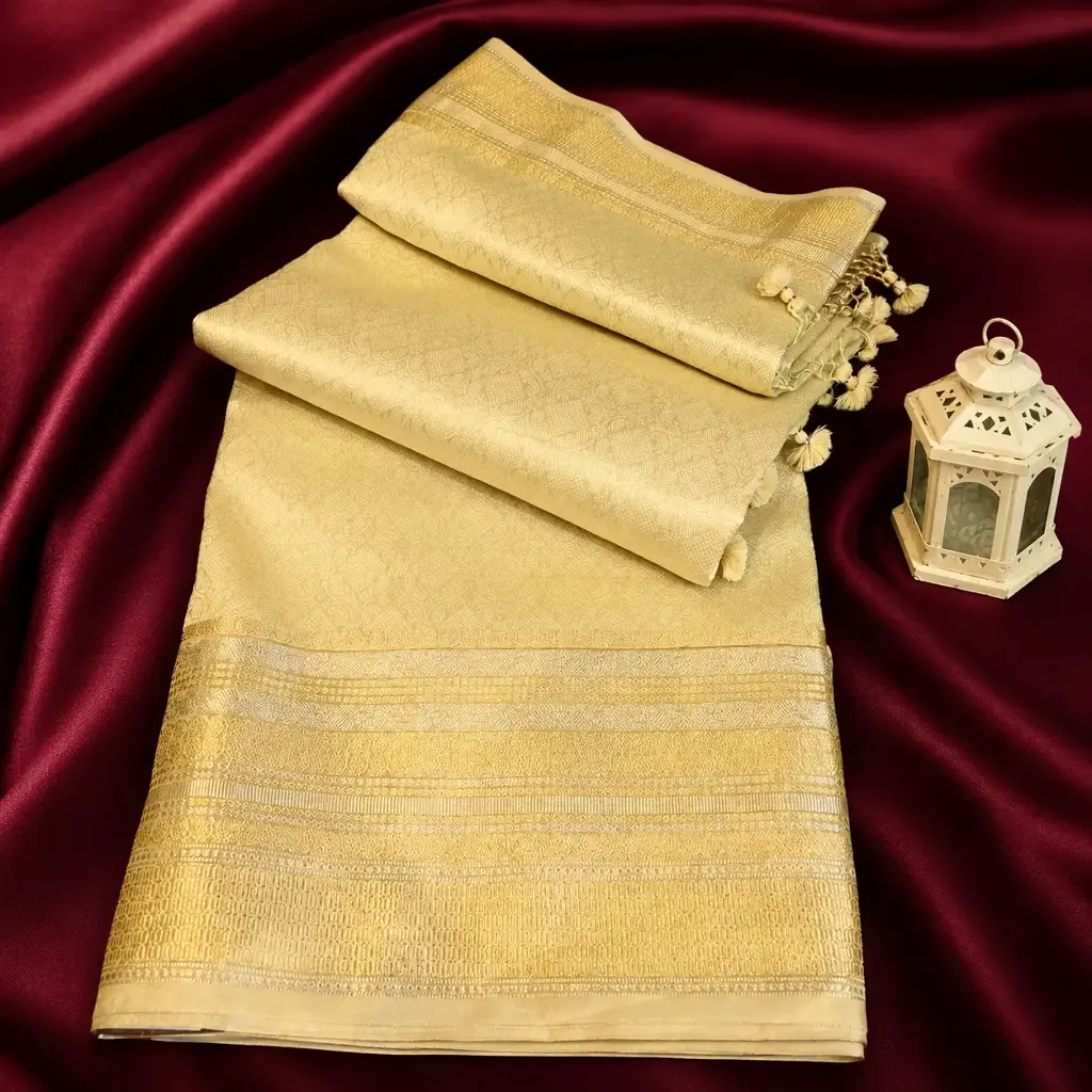 Light Gold Silk Saree with Jacquard Weave, Zari Border & Tassels
