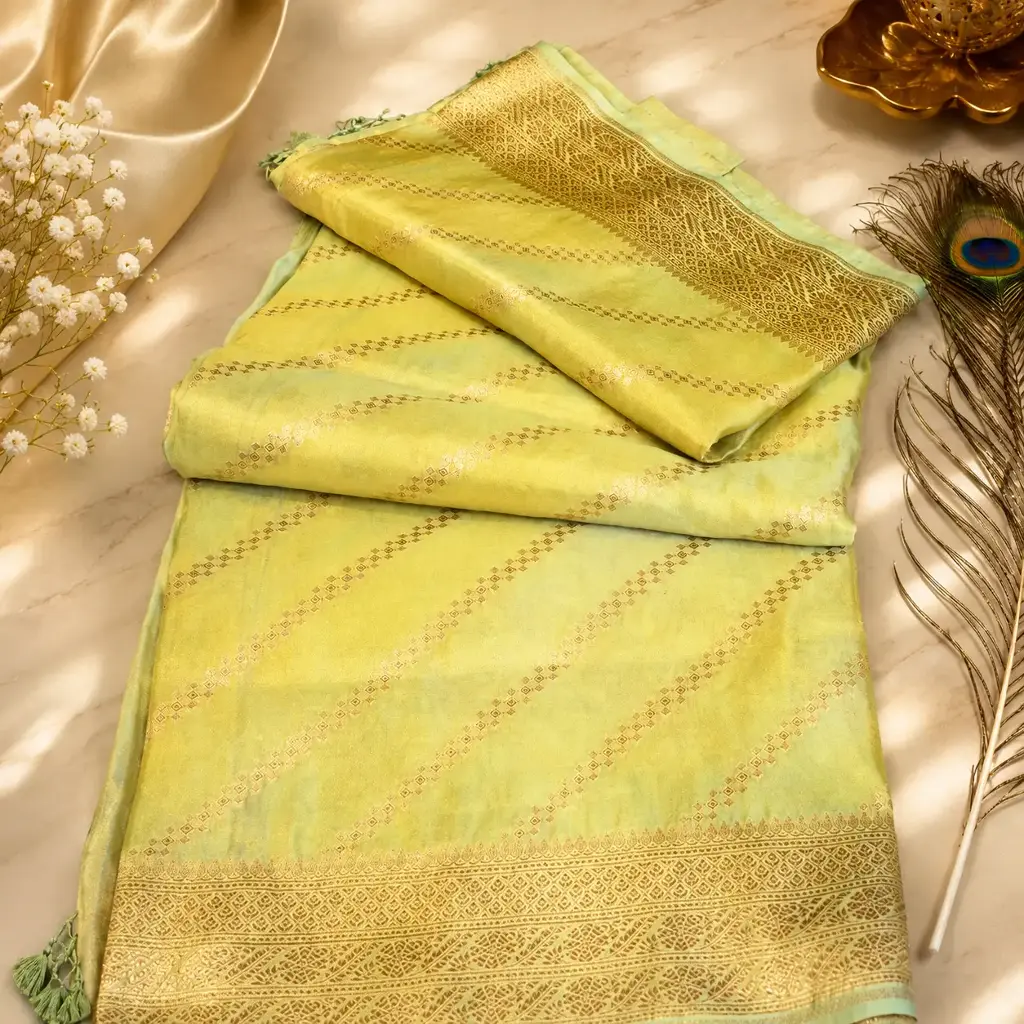 Elegant Pastel Mint Green Banarasi Silk Saree with Gold Zari Border