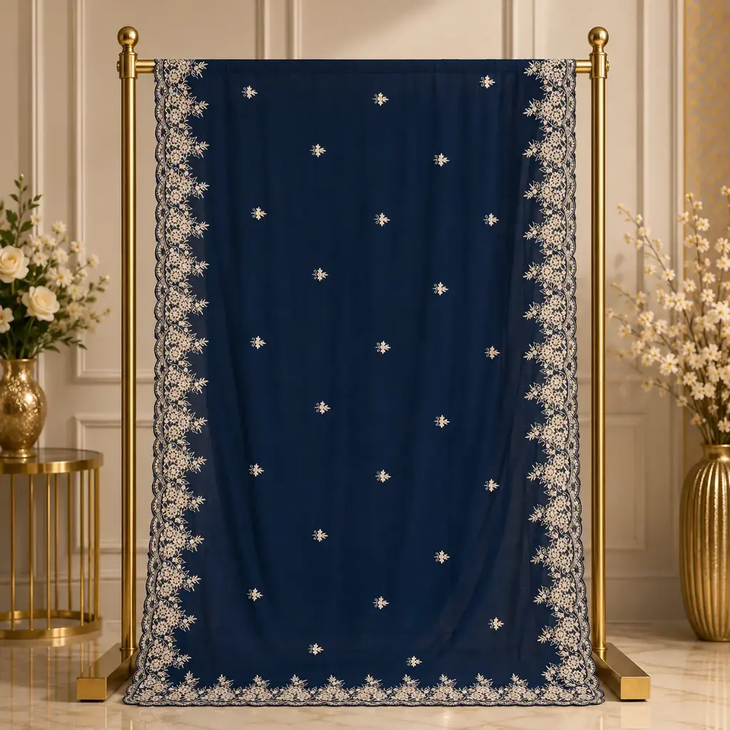 Navy Blue Saree with Floral Embroidery and Scalloped Border