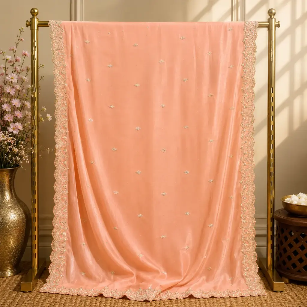 Peach Pink Embellished Saree with Scalloped Lace Border