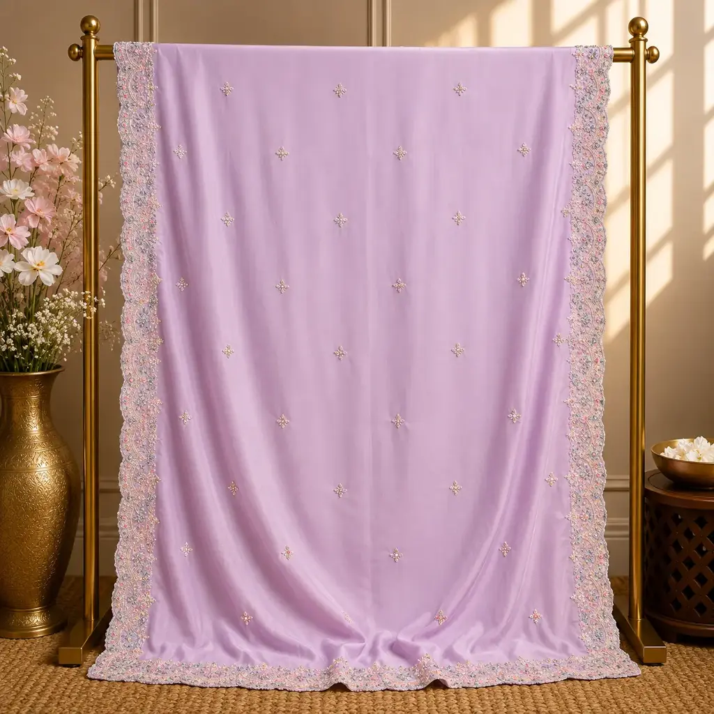 Lilac Pink Saree with Delicate Embellished Motifs and Pastel Scalloped Border