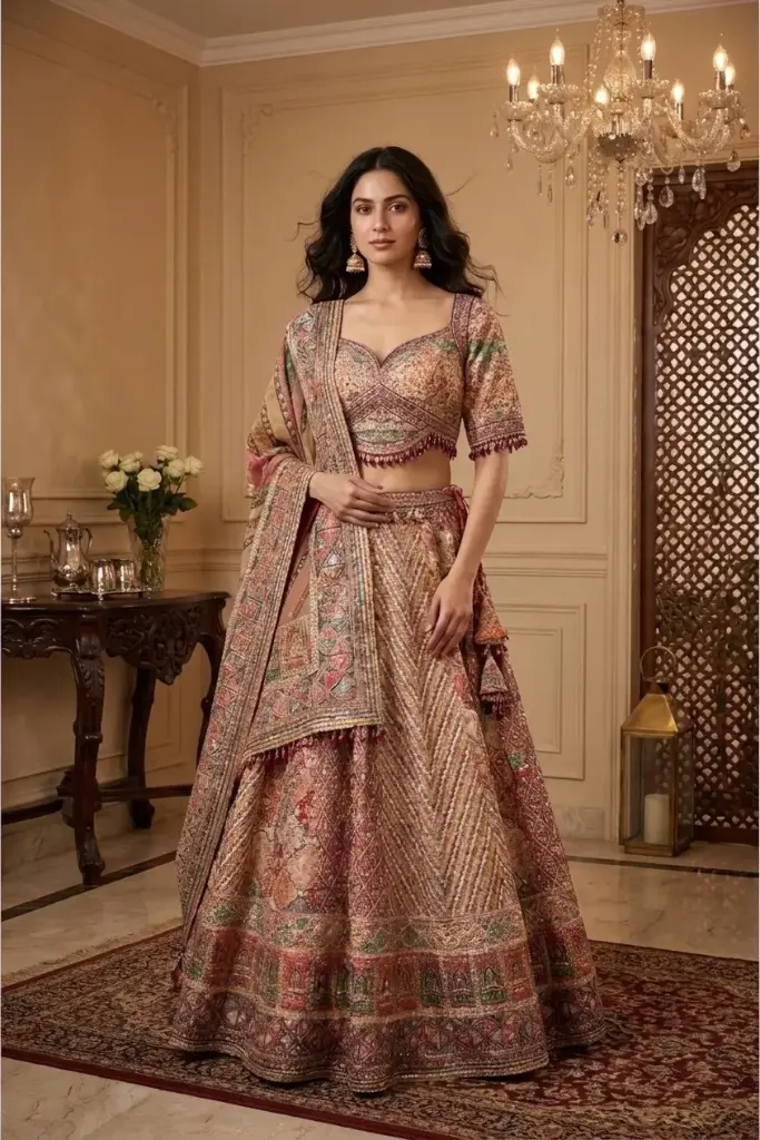 Multicolor Hand Embroidered Silk Lehenga Choli Set with Dupatta